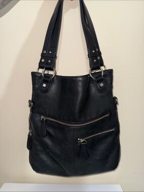 Alfani Black Leather Shoulder Bag with Silver Hardware